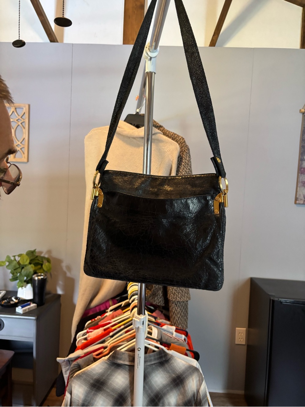 Black Leather Shoulder Bag with Gold Hardware